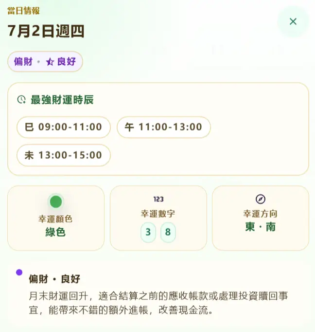 催財月曆流日詳情：當日情報、最強財運時辰與幸運元素